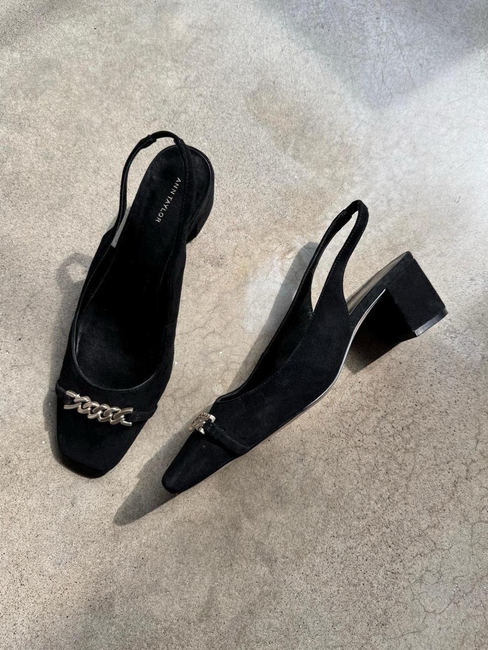 Ann Taylor Chain Detail Black Suede Slingback Heels